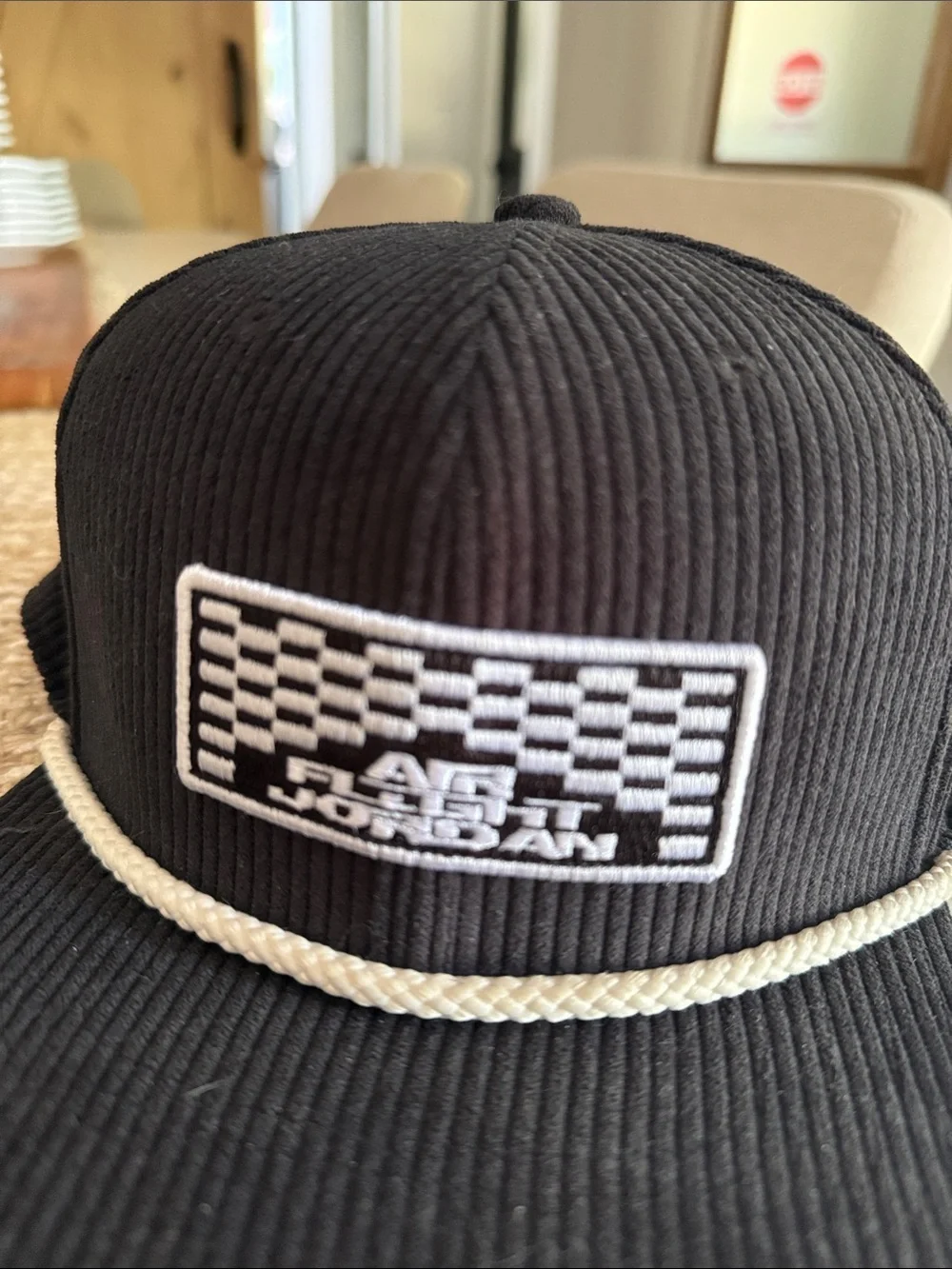 Jordan Black Corduroy Cap with White Rope Trim